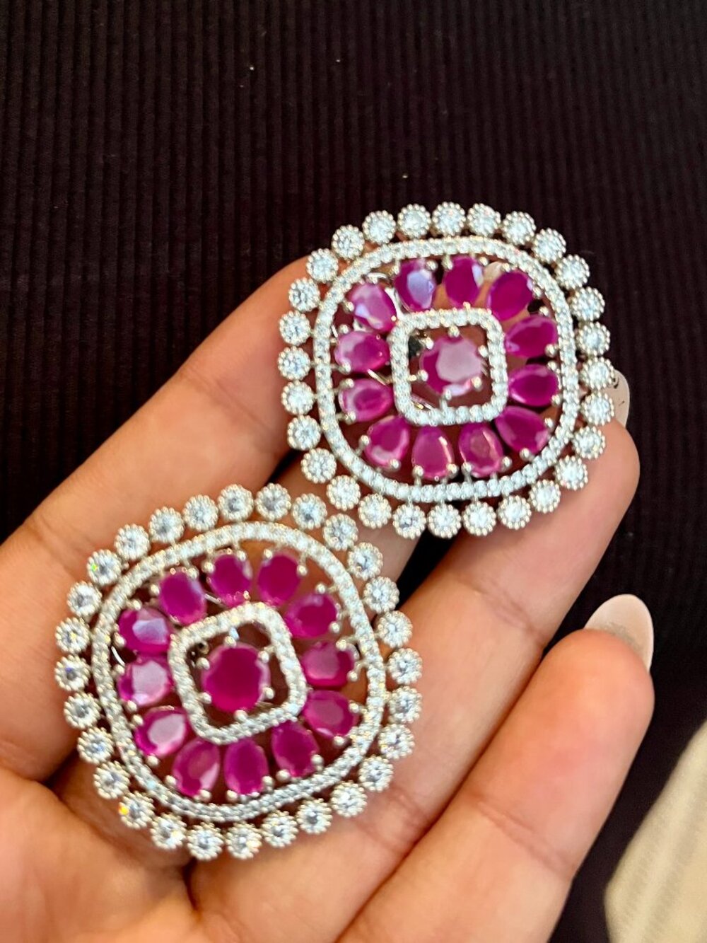 Faux Ruby Rhodium Plated Cubic Zirconia Studs